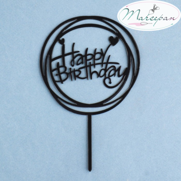 Топпер "Happy Birthday" круг с сердечками черный глянец